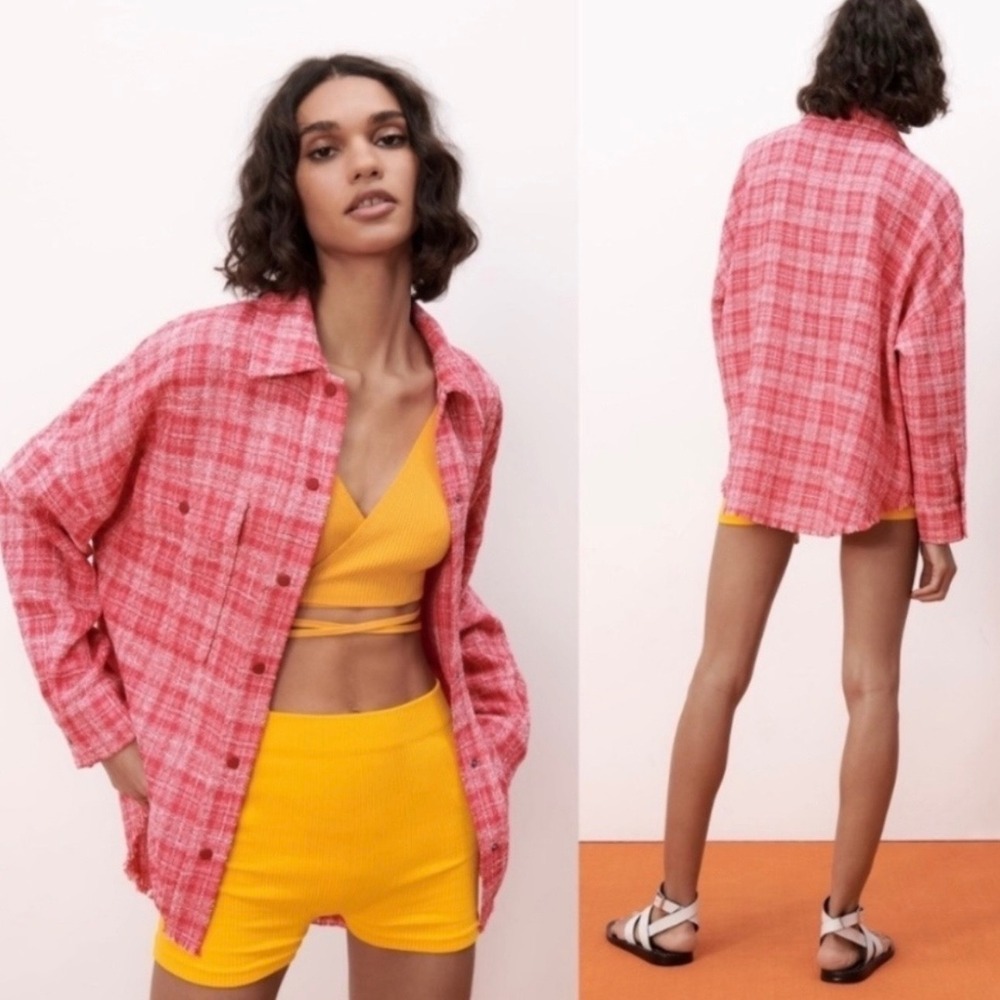 ZARA Red Pink Plaid Tweed Oversized Shaket Snap Button Jacket Raw Hem Women XS